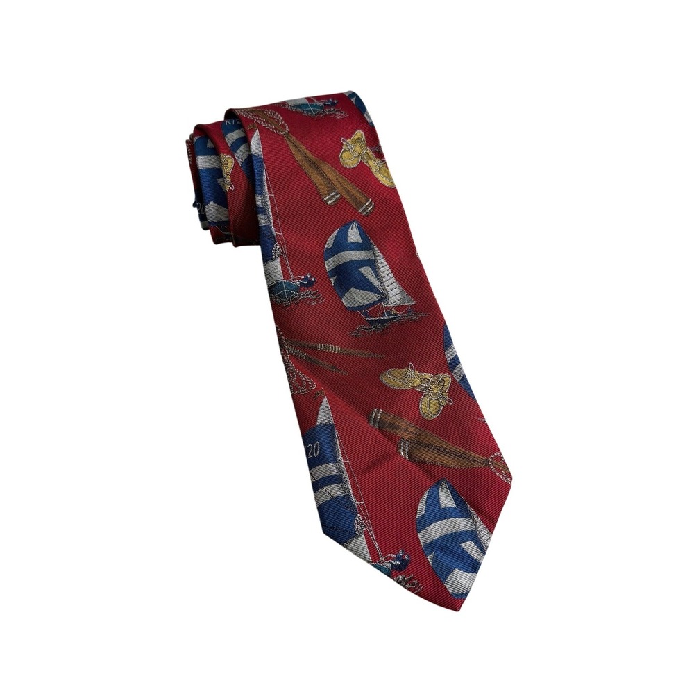 VTG Polo Ralph Lauren Men Red Silk Nautical Sailboat Boat Shoe Made by Hand Tie